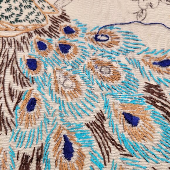 Vintage Peacock Embroidery Project Pure Linen Unfinished Project Started - Picture 7 of 9